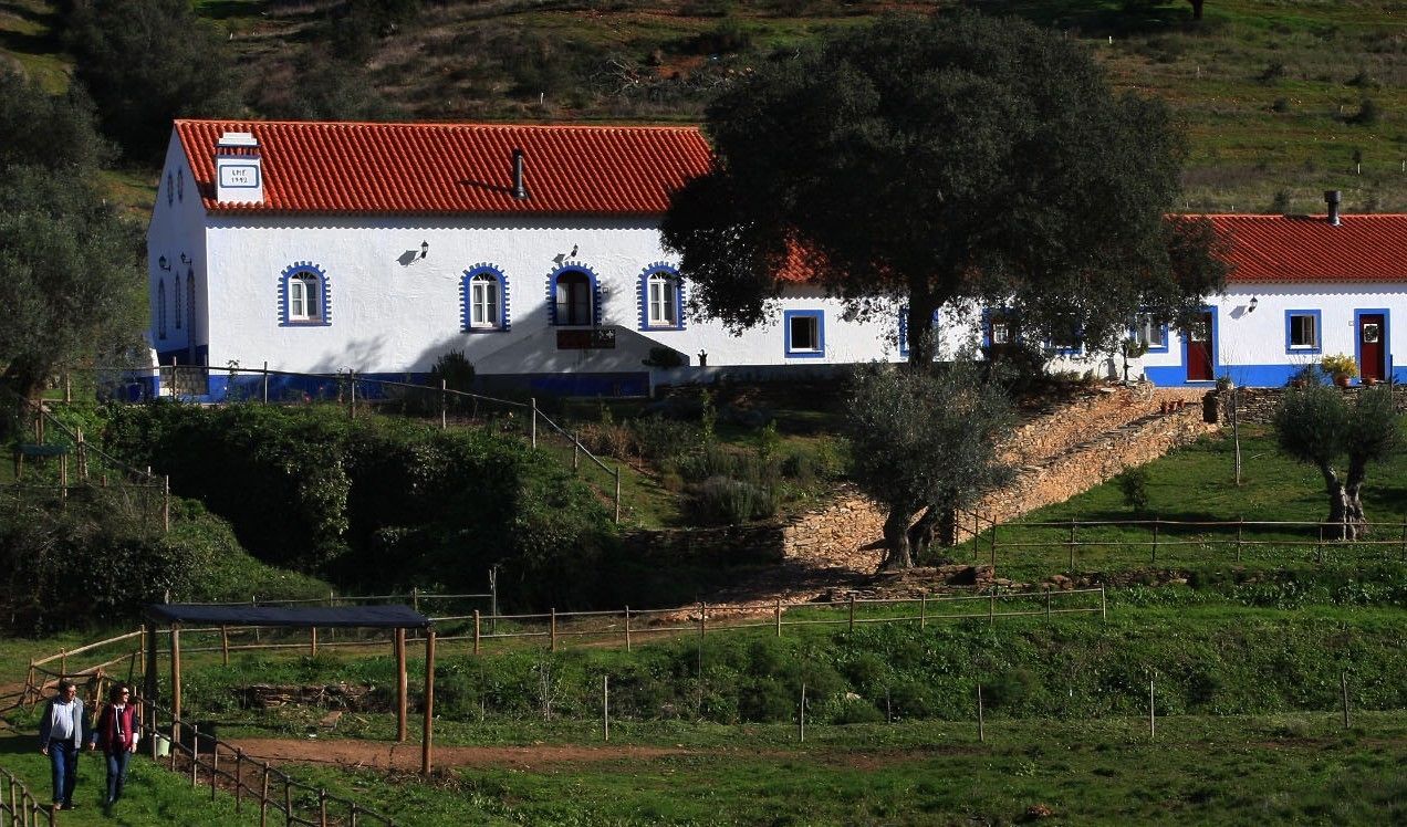 Un edificio blanco con techo rojo y detalles azules, rodeado de vegetación y una zona cercada.