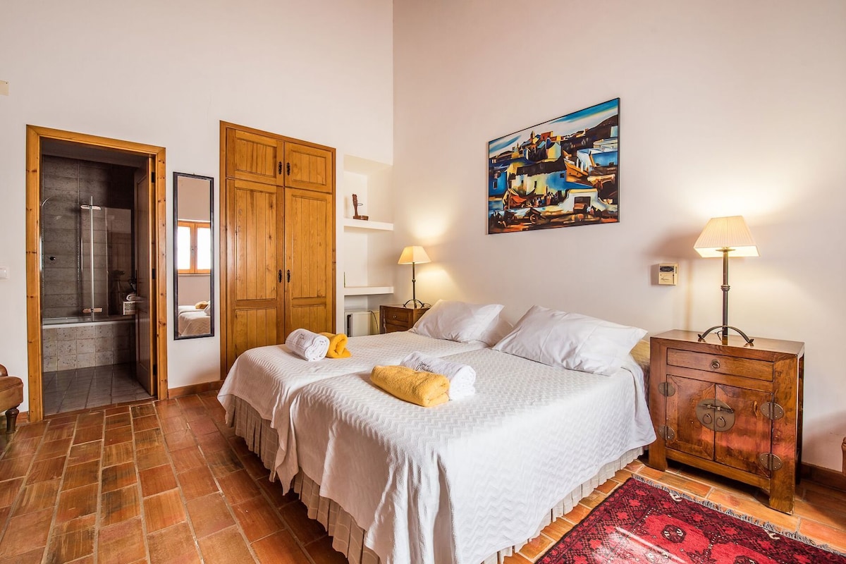 A bedroom with a bed, a wooden wardrobe, a bathroom with a shower, a painting on the wall, and a red rug.