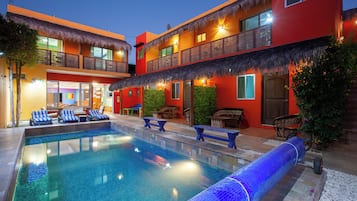 Outdoor pool, a heated pool, open 9:00 AM to 8:00 PM, sun loungers