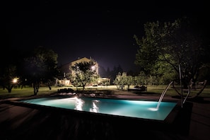 Seasonal outdoor pool, pool umbrellas, sun loungers