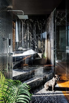 Shower, rainfall showerhead, designer toiletries, hair dryer at Dream Hollywood, by Hyatt