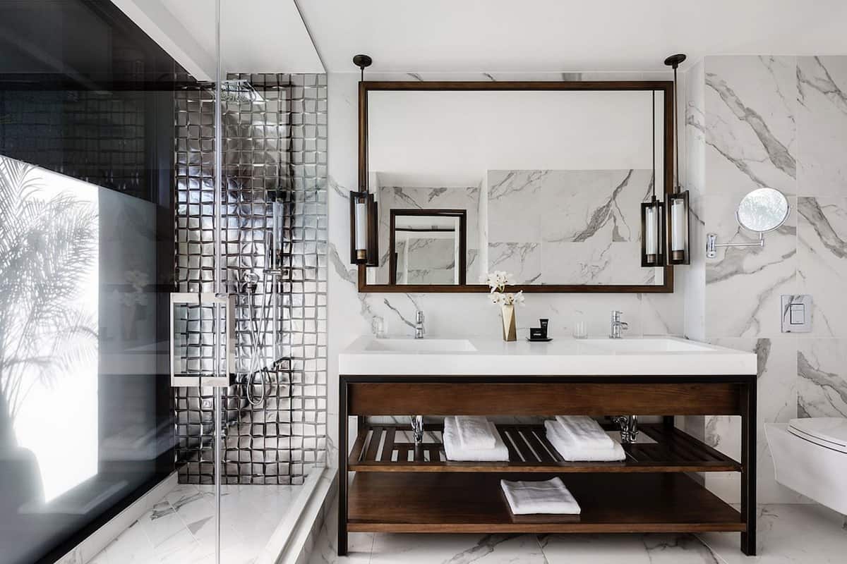 Shower, rainfall showerhead, designer toiletries, hair dryer