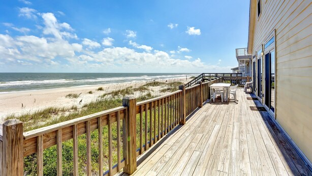A wooden deck with a view of the beach and ocean. - 812 S. Fletcher - 3 Br Cottage (Fernandina Beach)