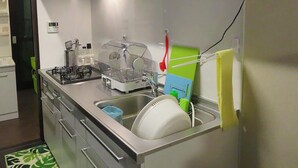 Une cuisine moderne équipée d’appareils électroménagers en acier inoxydable, d’un égouttoir à vaisselle et d’un tapis vert sur le sol.