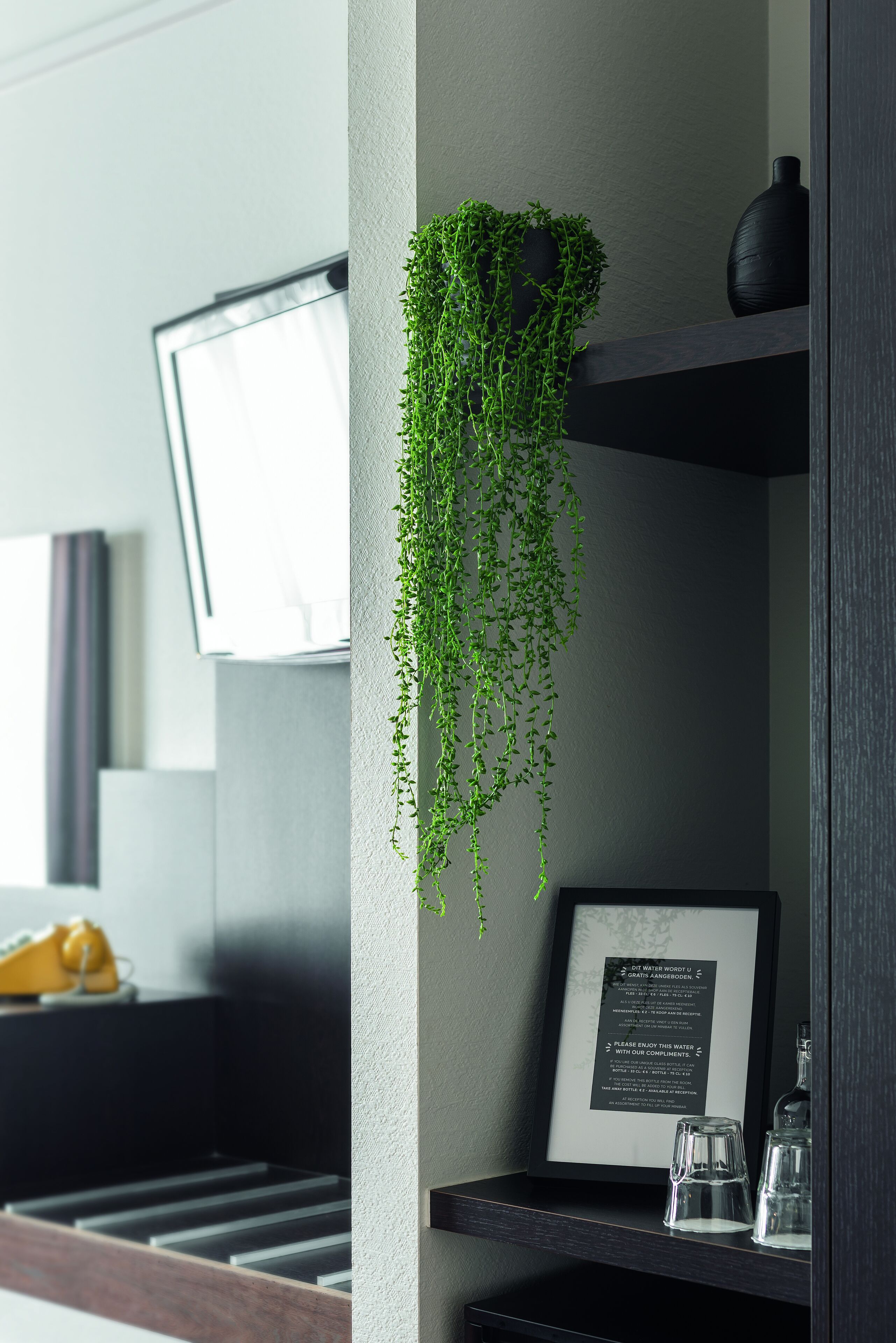 A modern room with a dark wood console, a framed sign, and a hanging green plant.