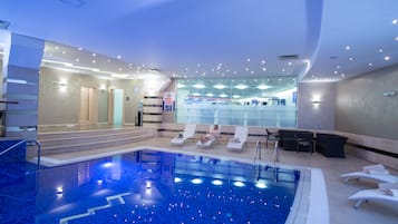 Indoor pool, open 10:00 AM to 8:00 PM, sun loungers