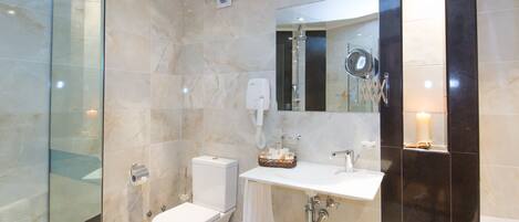 A modern bathroom with a glass shower enclosure, a toilet, a sink, and a mirror.