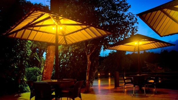 An outdoor patio area with tables and chairs under large umbrellas, surrounded by trees. - Rainforest Lodge (Deniyaya)