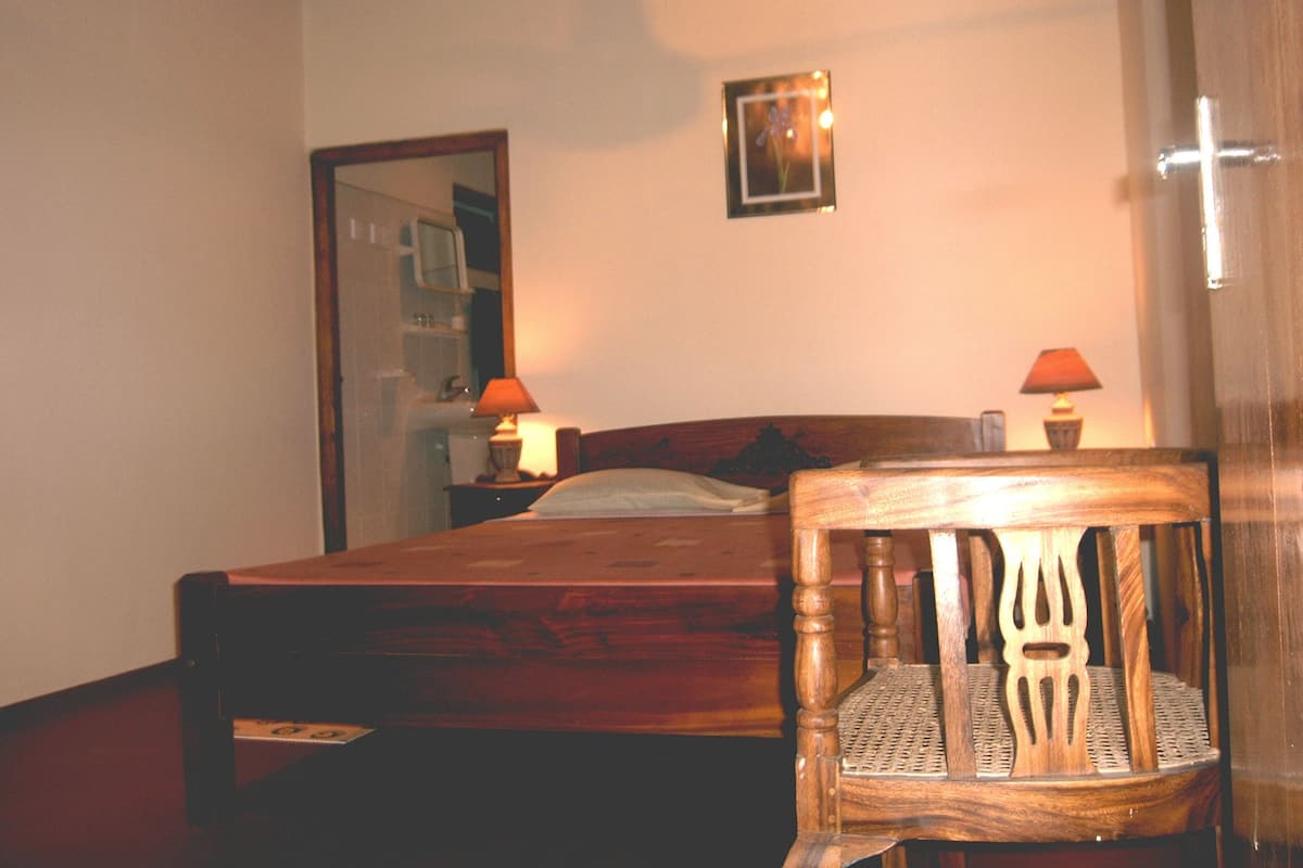 A bedroom with a wooden bed, two bedside lamps, a wooden chair, a mirror, and a framed picture on the wall.