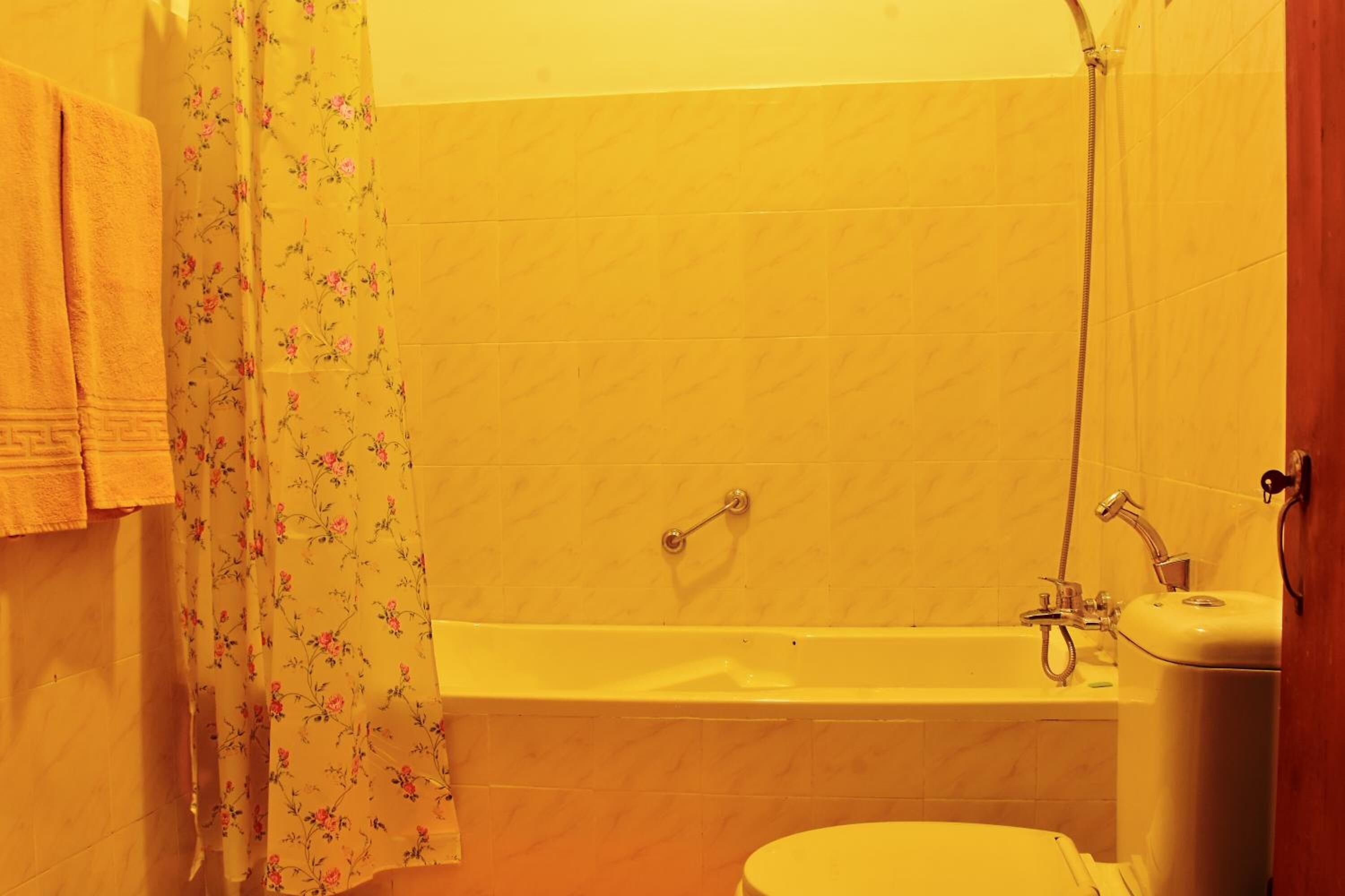 Une salle de bain avec une baignoire, des toilettes et un rideau de douche.