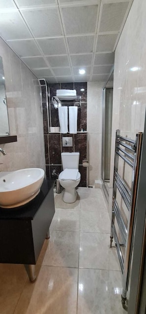 Bathroom features a large oval sink, toilet, and towel rack with neatly folded towels.
