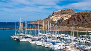 Una marina con varios veleros amarrados, un pueblo costero con edificios en una colina y un cielo azul despejado.