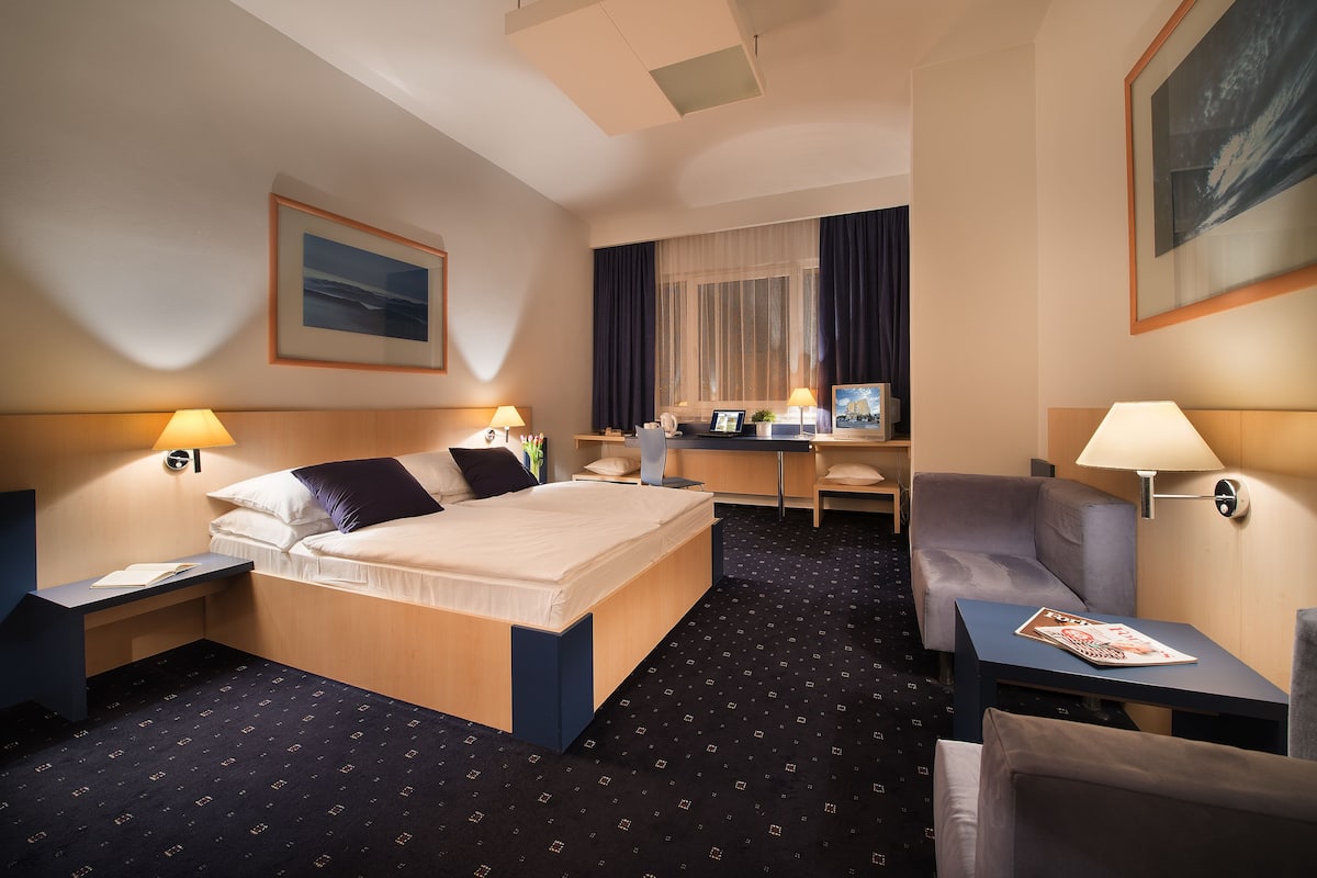 Hotelkamer met een bed, bureau, stoel en uitzicht op de stad door het raam.