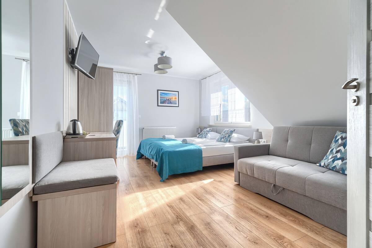 Un dormitorio moderno con cama, dos sofás, televisor y ventana.