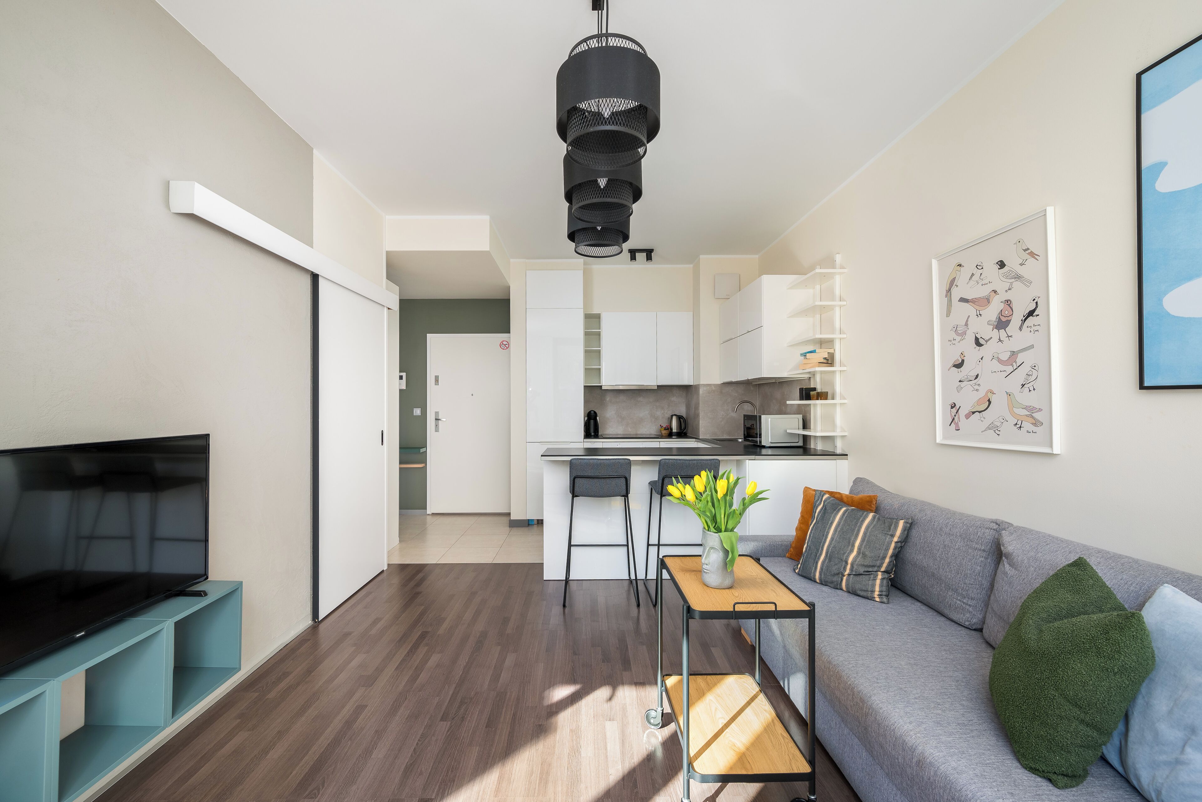 A modern living room with a flat-screen TV, a sofa, a coffee table, and a dining area with a kitchen in the background.