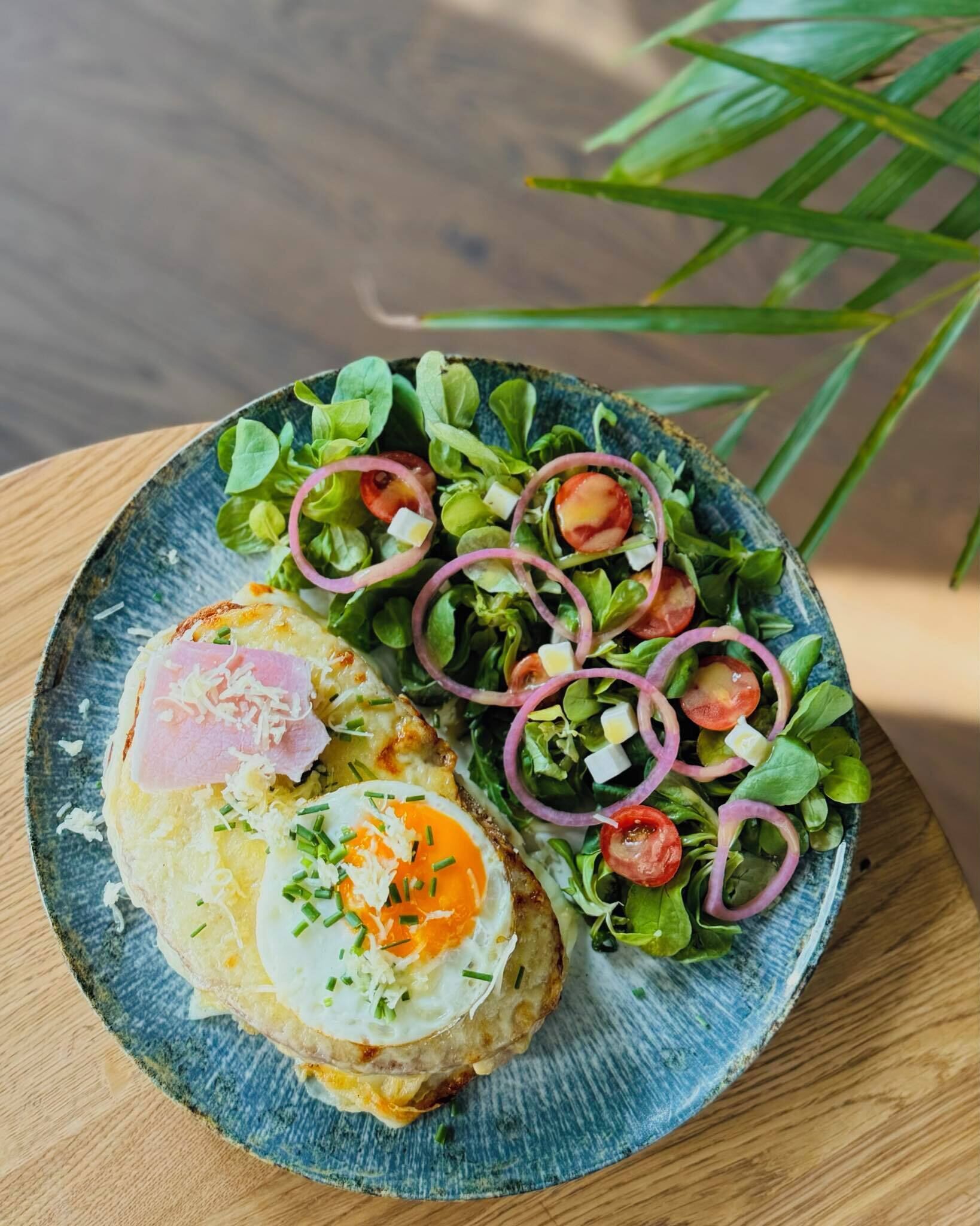 Un piatto con un uovo fritto su pane tostato, un'insalata con pomodori e cipolle rosse, e un contorno di verdure a foglia verde.