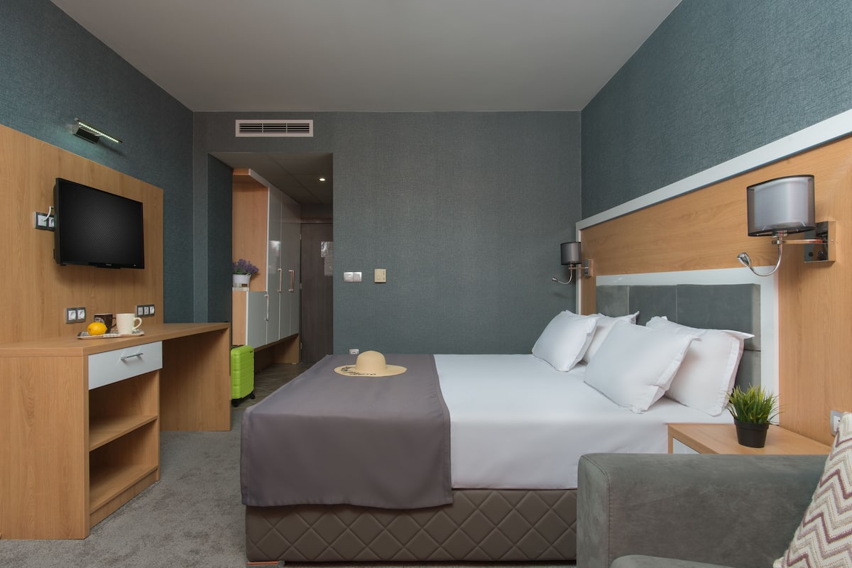 A modern hotel room with a bed, a desk, a television, and a small table with a plant.