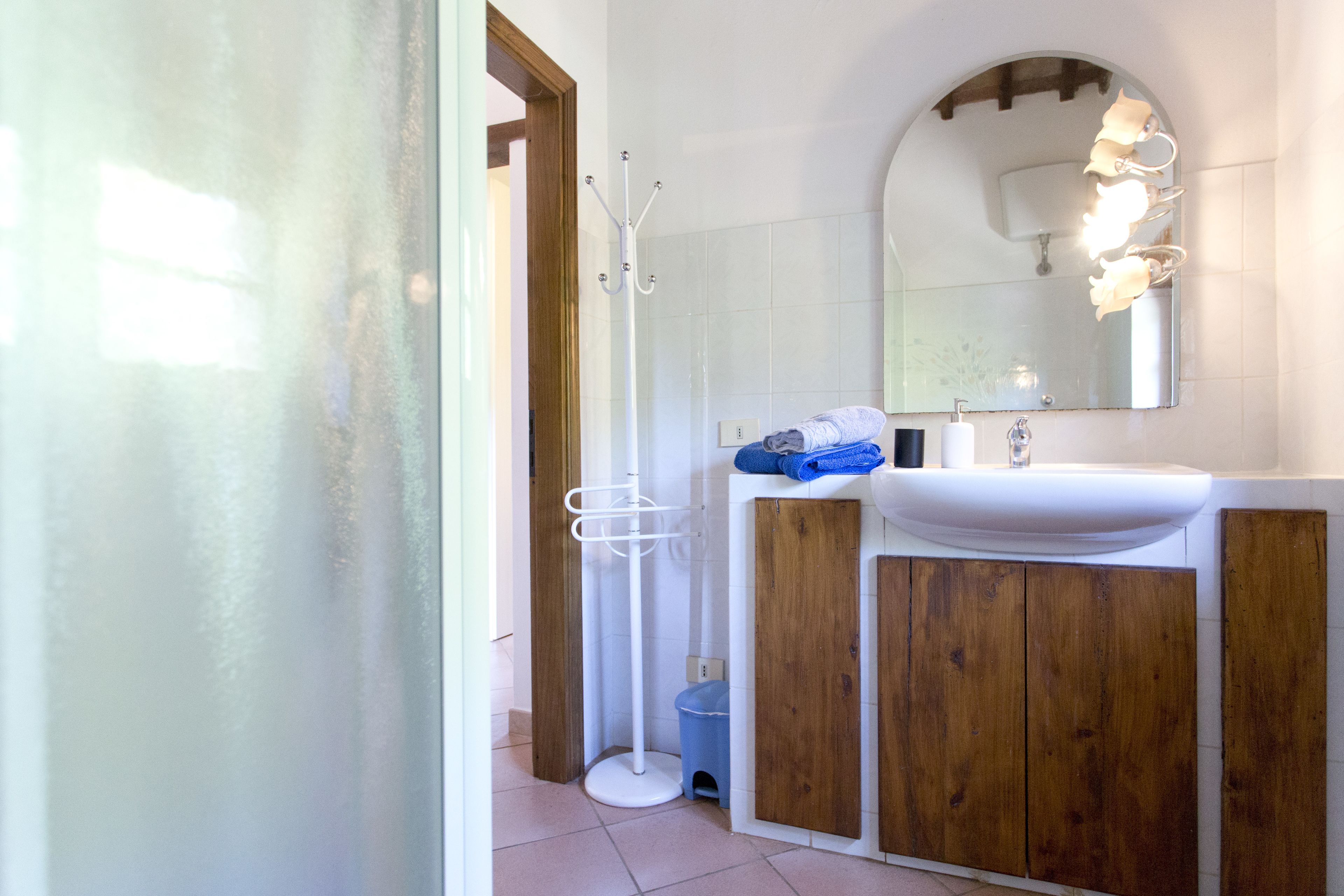 A bathroom with a white sink, wooden cabinets, a mirror, and a towel rack.