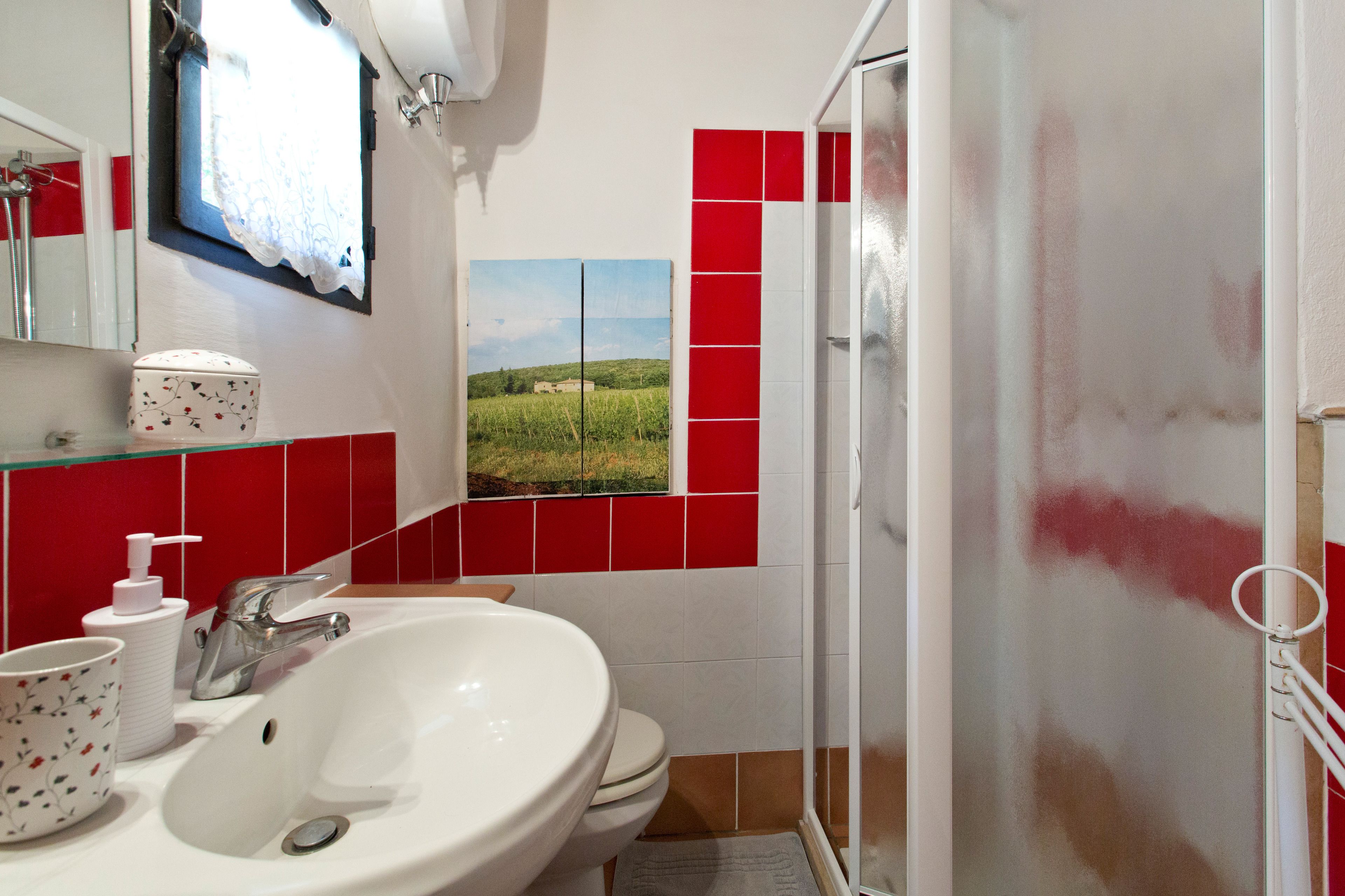 Ein Badezimmer mit einem weißen Waschbecken, roten Fliesen, einer Duschkabine aus Glas und einem Landschaftsbild an der Wand.