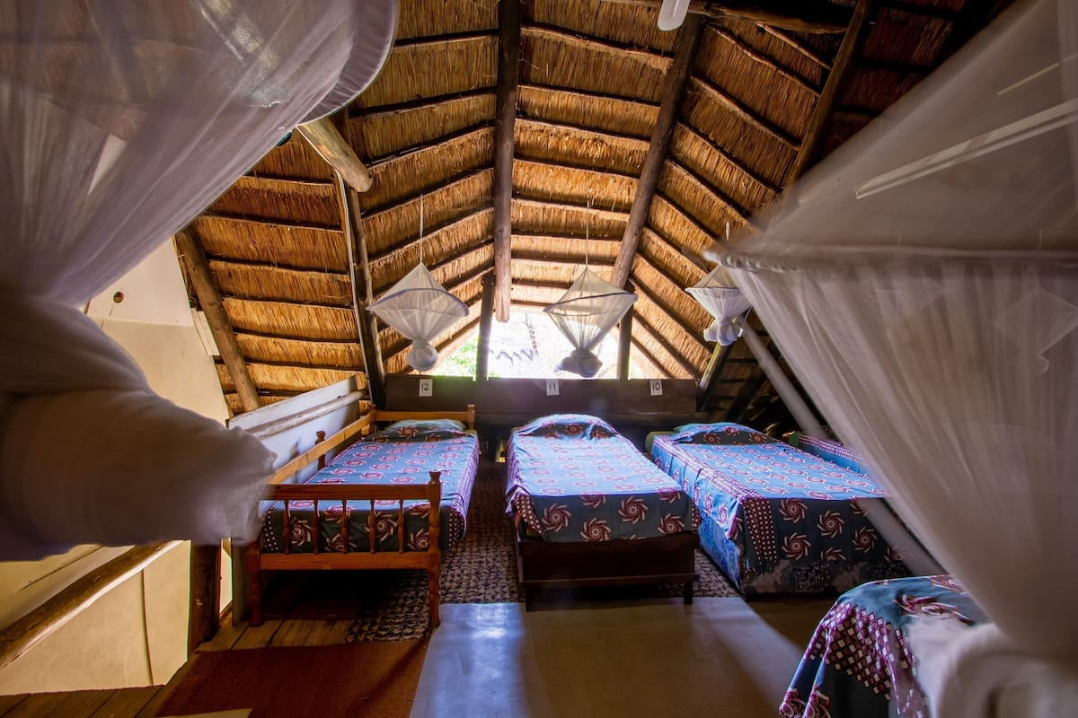 Una habitación con techo de paja, cuatro camas con ropa de cama estampada y suelo de madera.