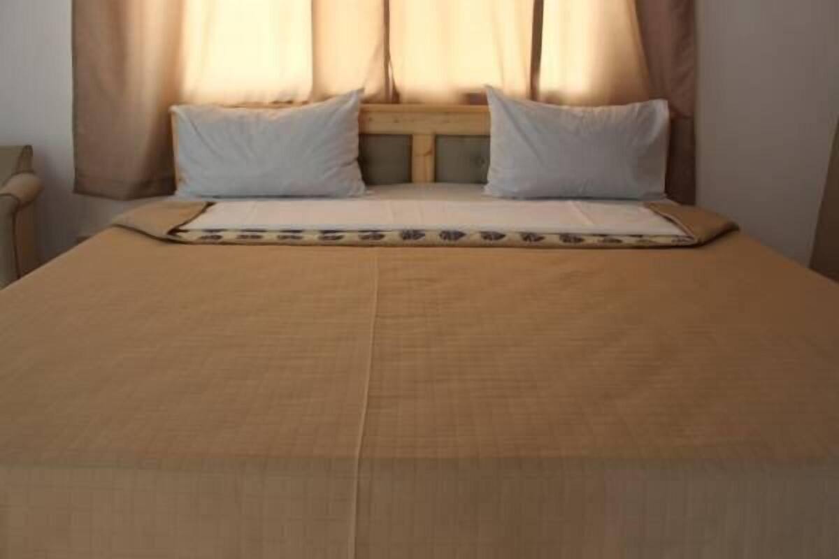 A bed with a wooden headboard, two pillows, and a beige bedspread.