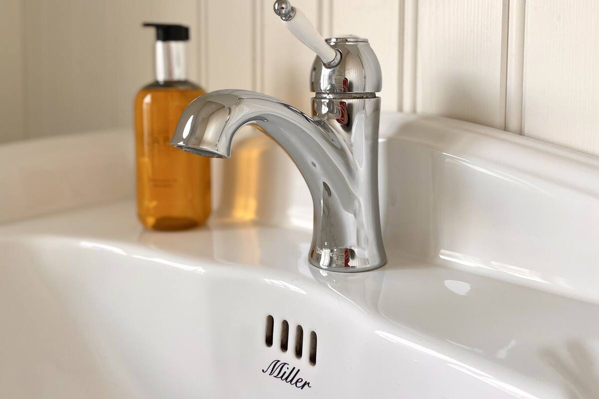 Un lavabo de salle de bain avec un robinet chromé et un distributeur de savon.