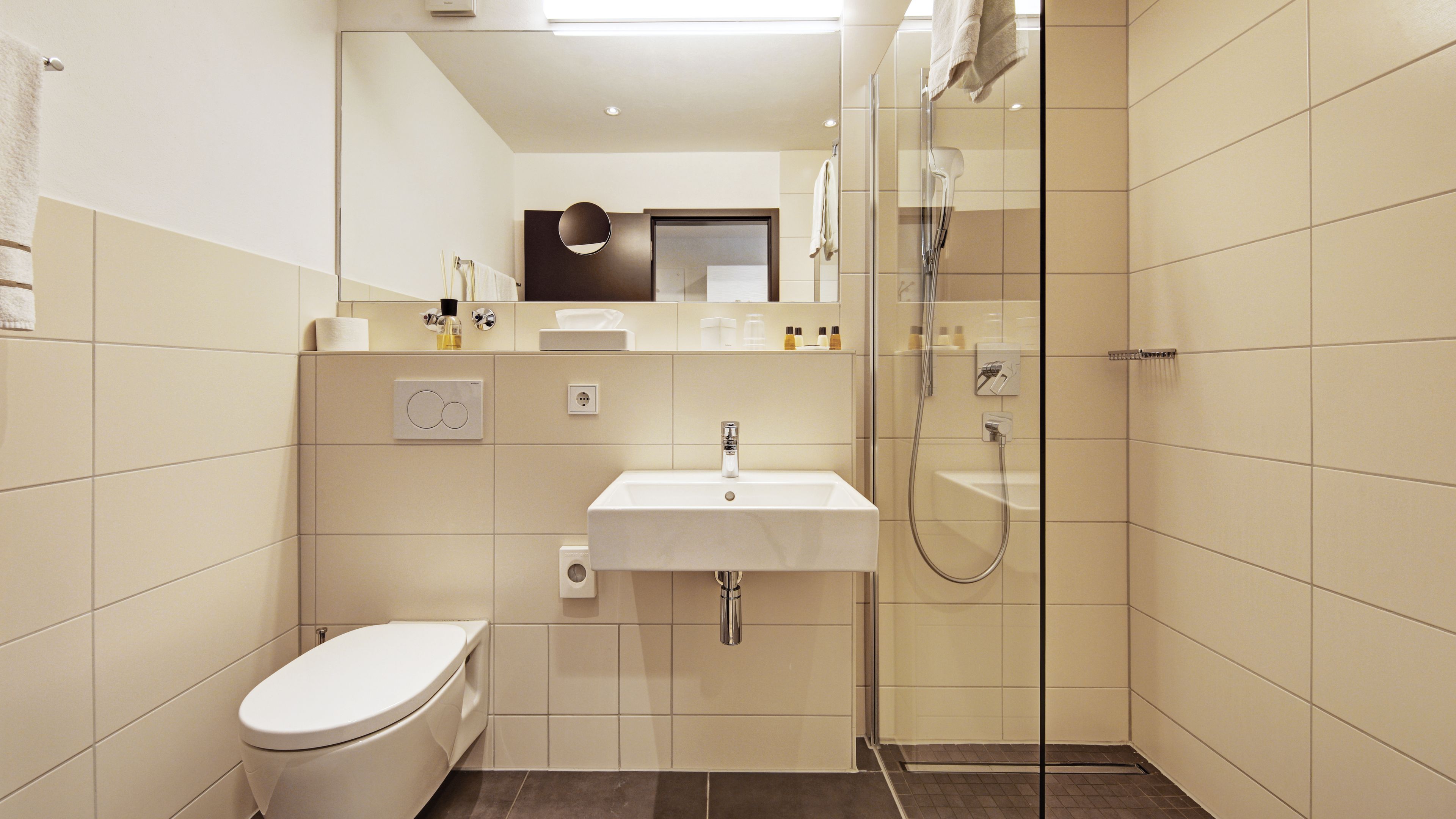 shower, free toiletries, hair dryer, towels