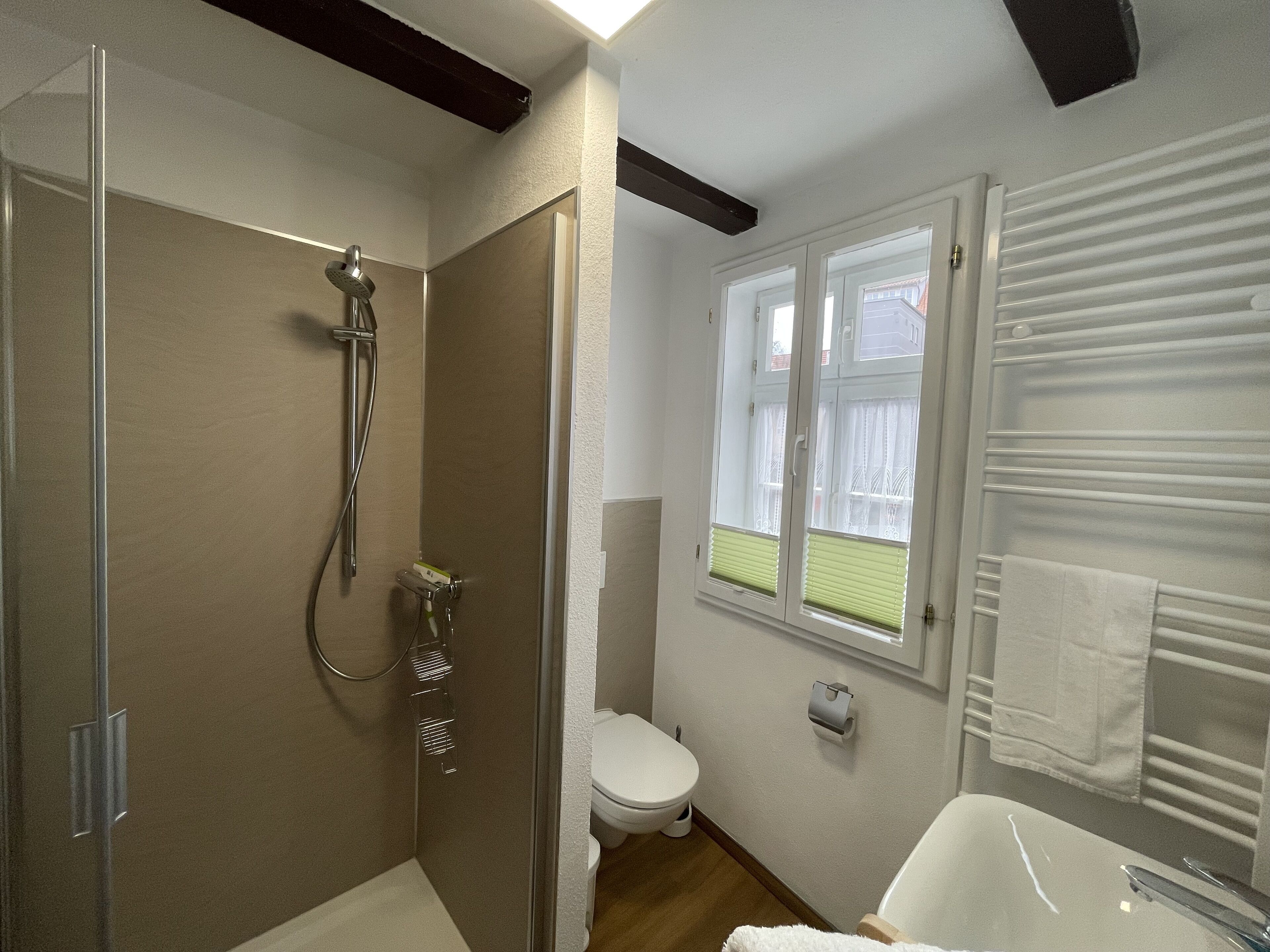 Un baño con ducha, inodoro y bañera.