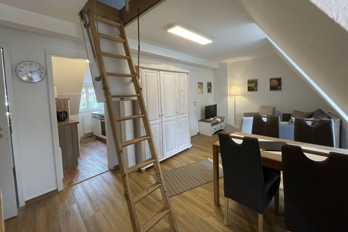 A modern loft apartment with a wooden ladder leading to a lofted area, white cabinetry, a dining table with chairs, and a TV on a small table.