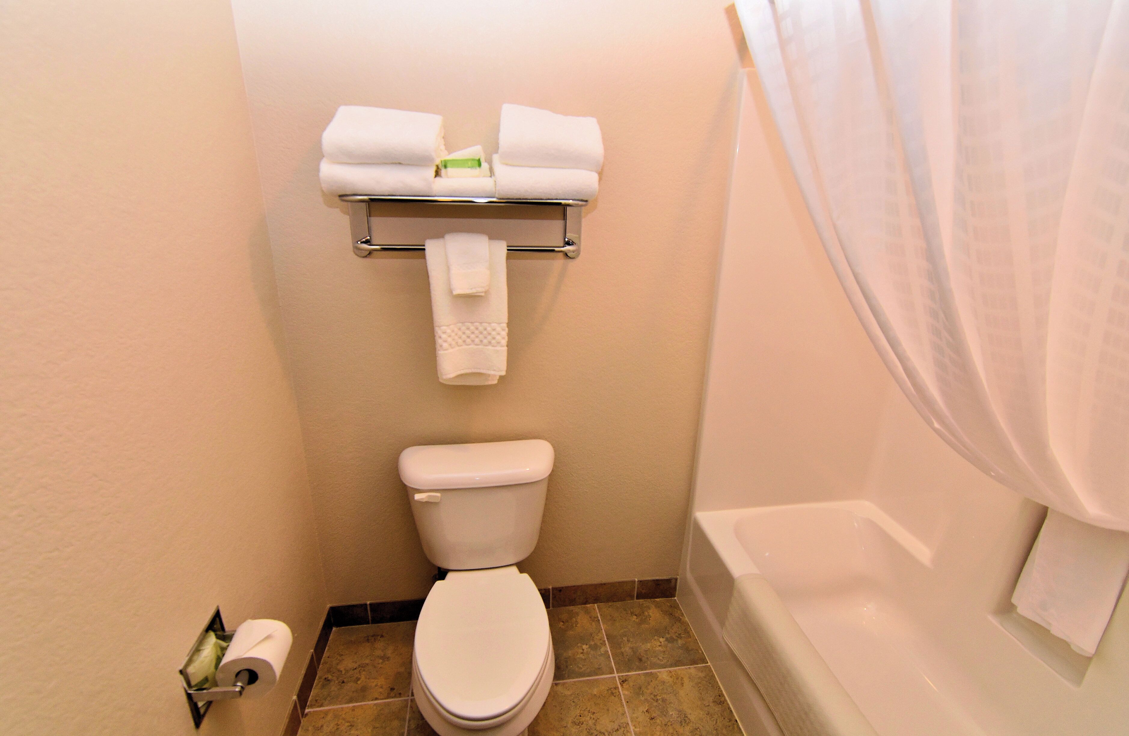A bathroom with a toilet, a towel rack with towels, a toilet paper holder, and a bathtub.