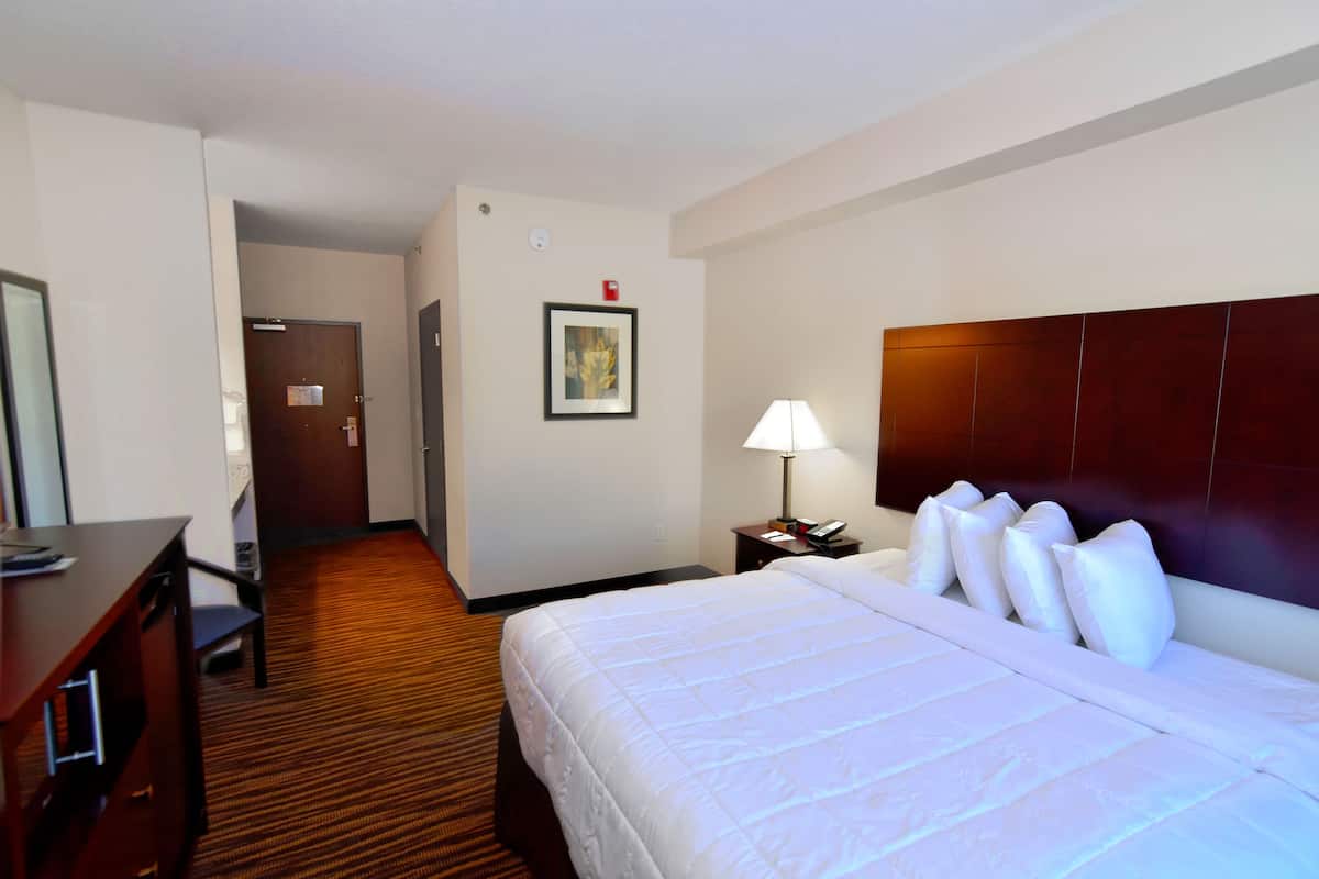 A hotel room with a large bed, a desk, a chair, a nightstand with a lamp, and a framed picture on the wall.