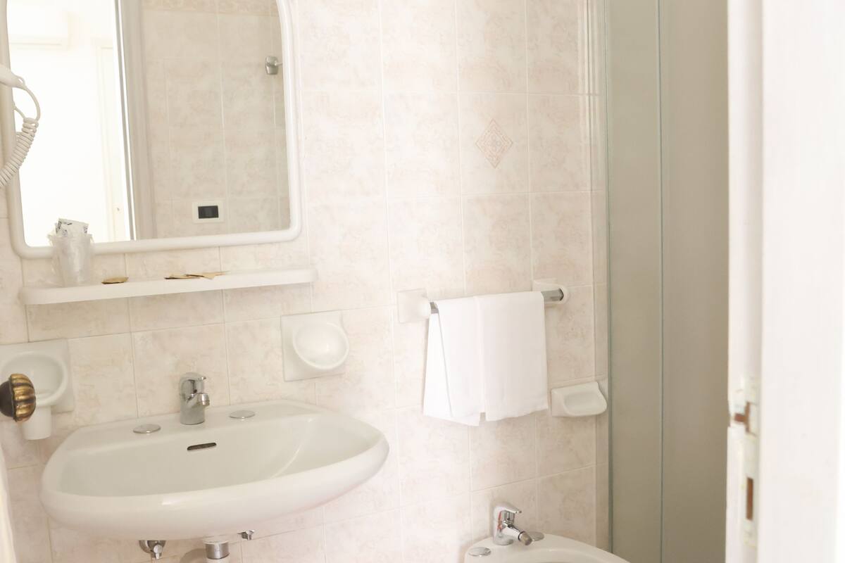 standard room | bathroom | shower, free toiletries, hair dryer, towels