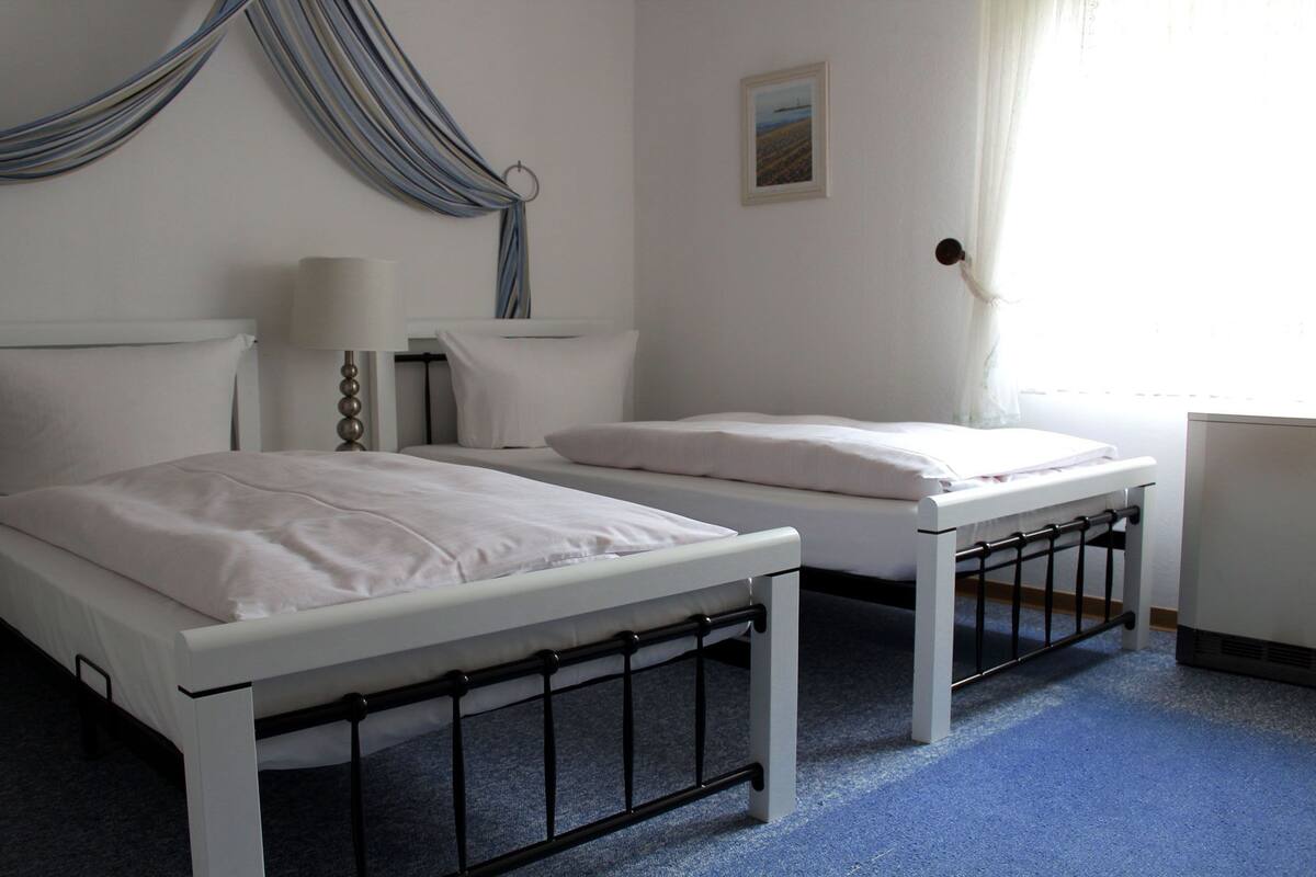 A room with two beds, a bedside table with a lamp, a window with curtains, and a painting on the wall.