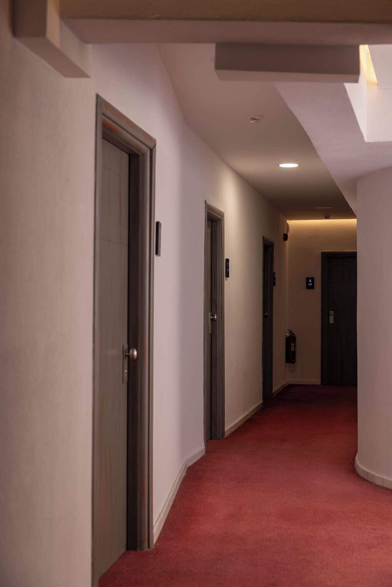 Um corredor com portas, um extintor de incêndio e uma luminária no teto.