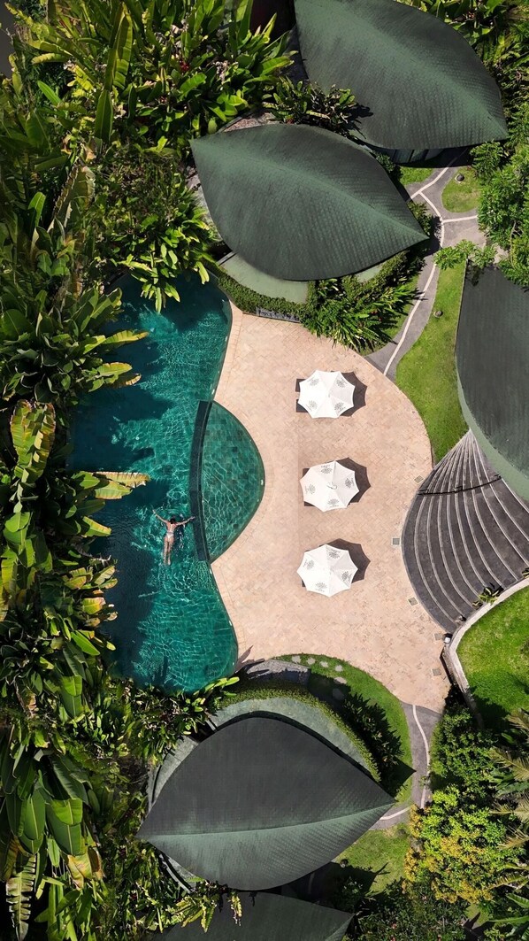 Vista aérea de un resort con piscina cristalina, rodeado de exuberante vegetación y con grandes sombrillas.