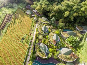 Vista aérea de un resort con campos en terrazas, estructuras circulares con techos verdes y una piscina.