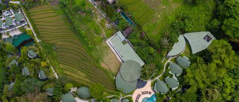 Vista aérea de um resort com vários edifícios de telhado verde, piscina e campos de arroz em socalcos.