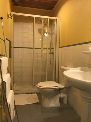 A bathroom with a shower, toilet, and sink. - Hôtel Magdeleine (Romans-sur-Isere)