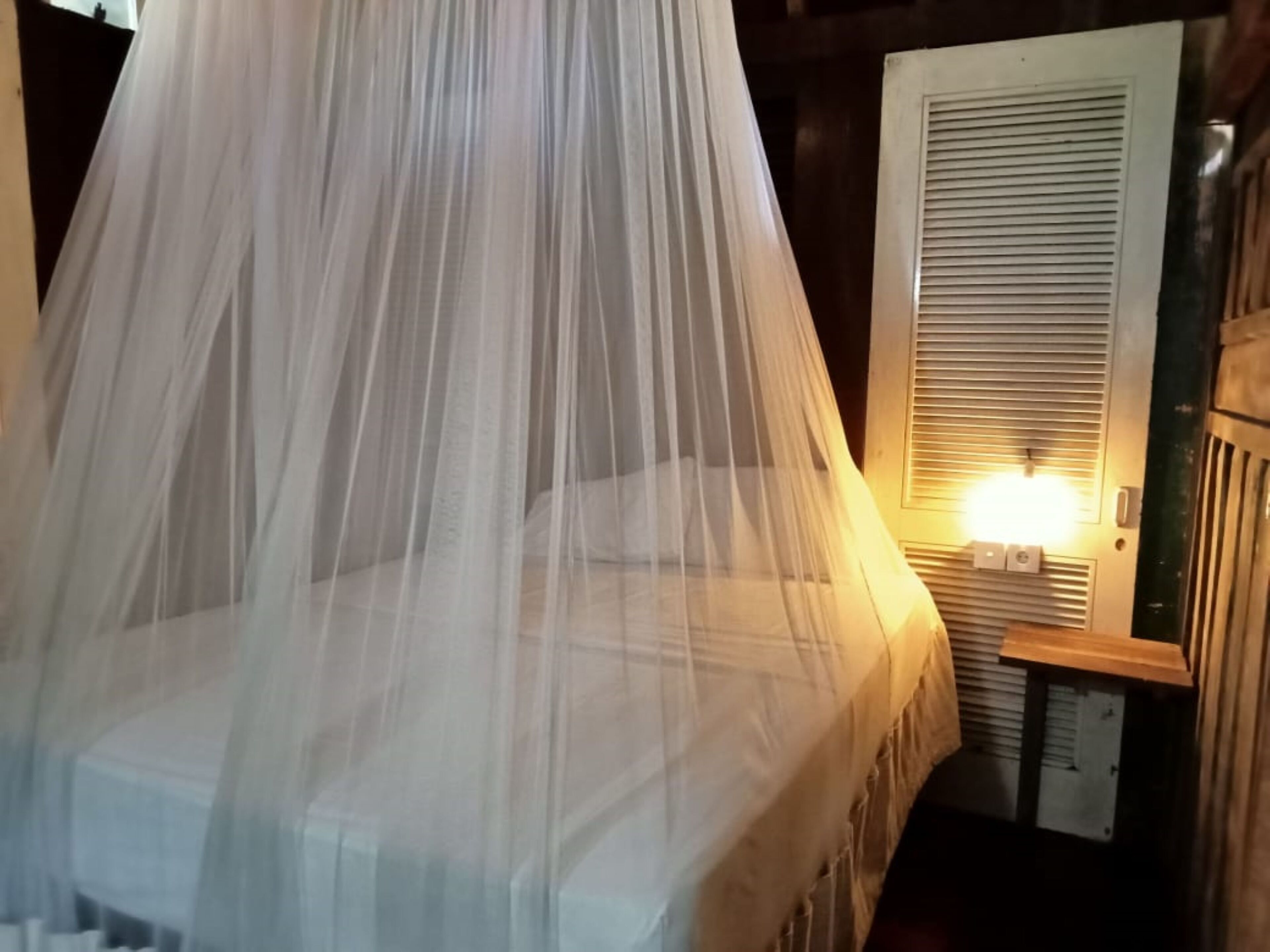 A bedroom with a canopy bed, a bedside table, a nightstand, and a wall-mounted heater.