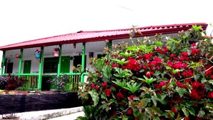 Una casa con techo rojo y detalles verdes, rodeada de flores rojas vibrantes y follaje exuberante.