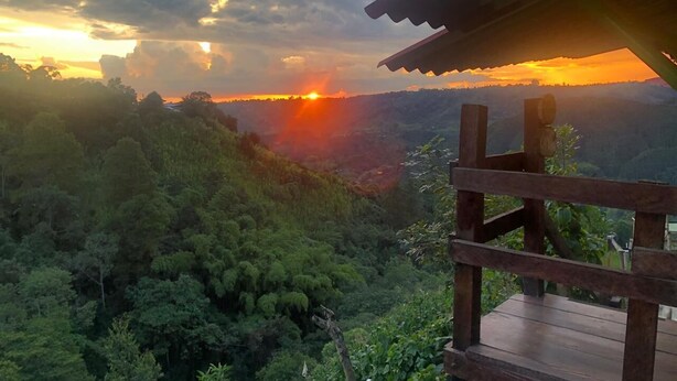 Una terraza de madera con vistas a un paisaje boscoso y una puesta de sol al fondo.