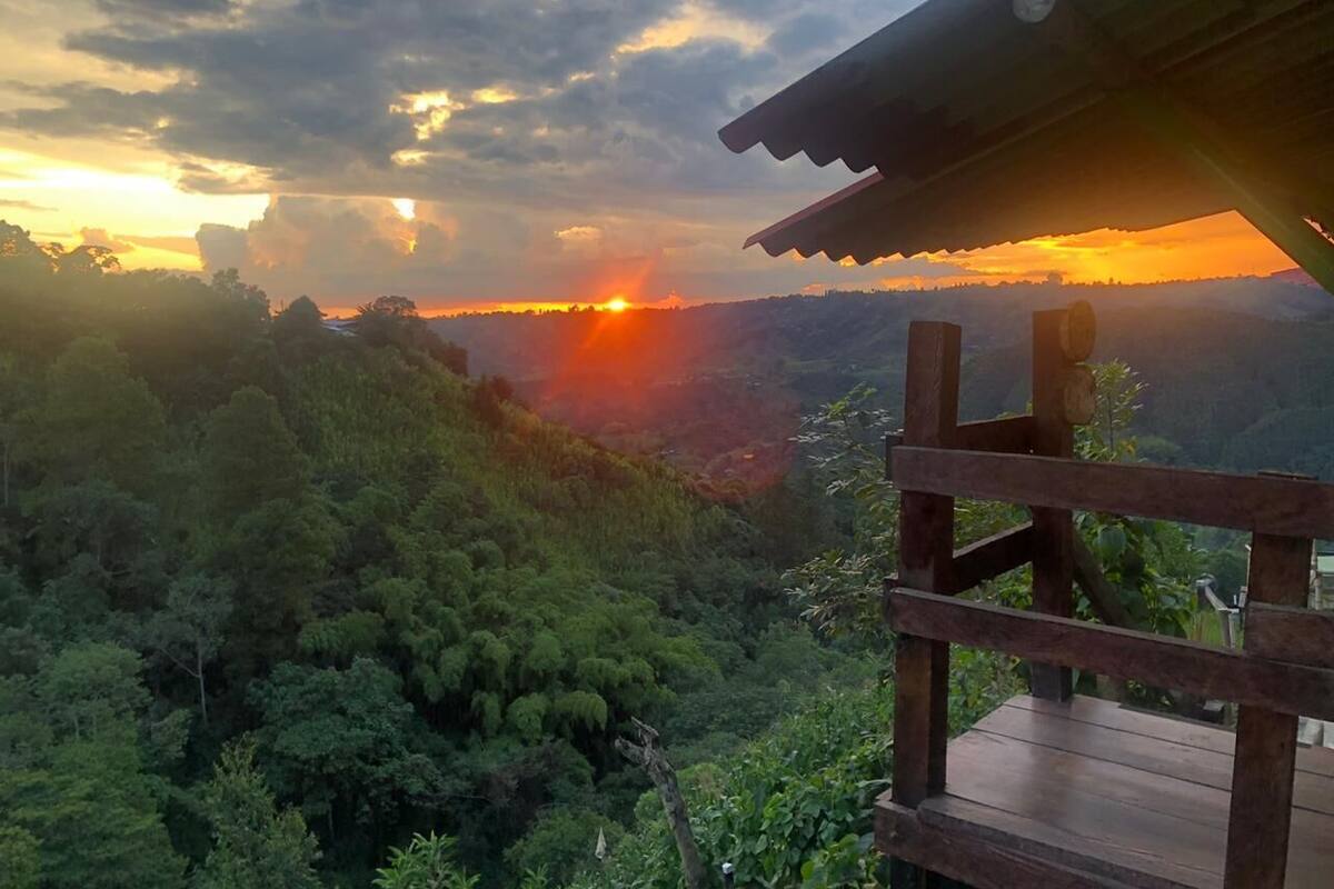 Eine Holzterrasse mit Blick auf eine bewaldete Landschaft, im Hintergrund ein Sonnenuntergang.