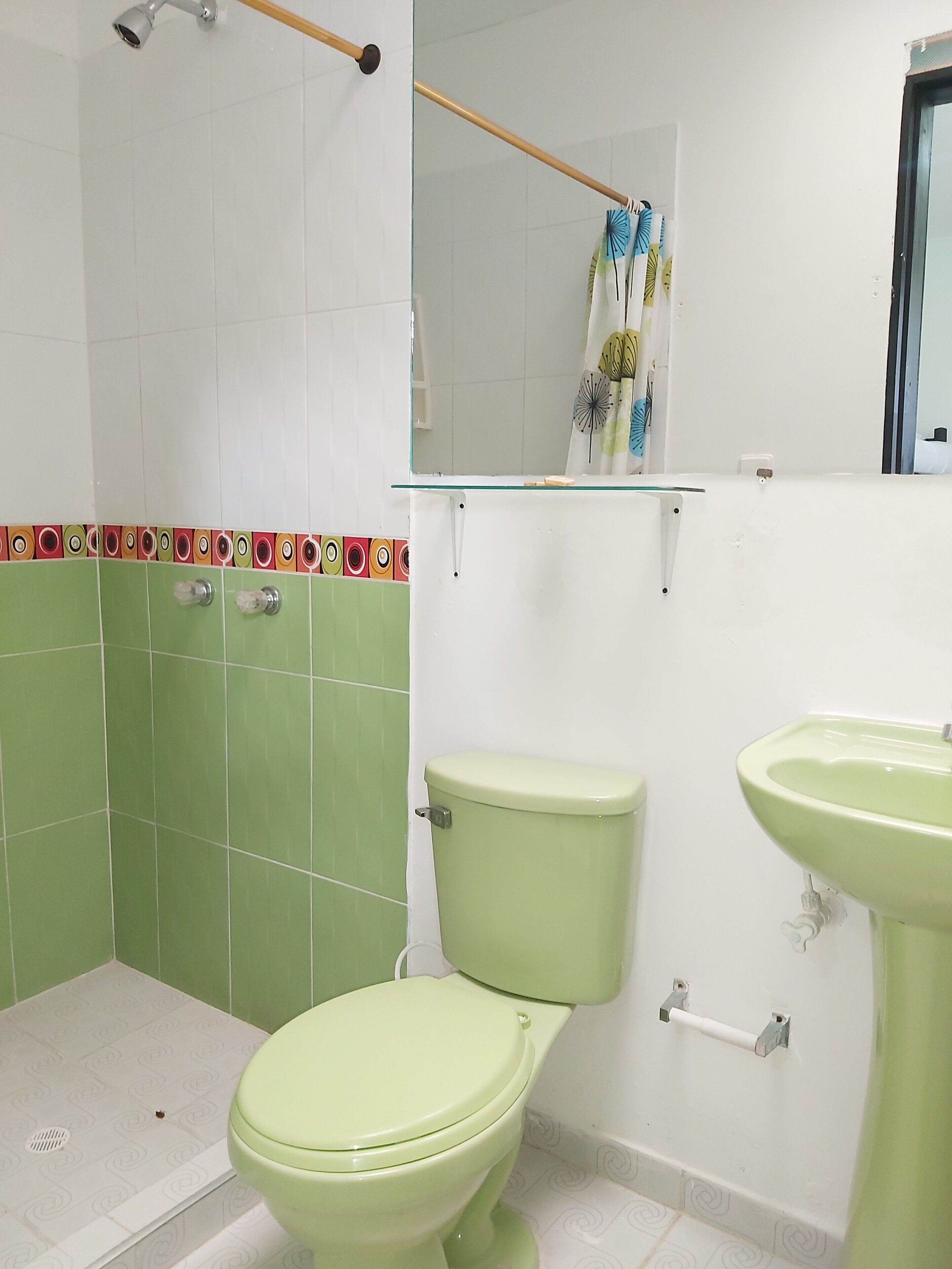 A bathroom with a toilet, sink, and shower.