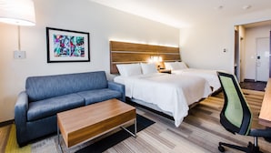 Una habitación de hotel con una cama, un sofá, un escritorio y una silla.