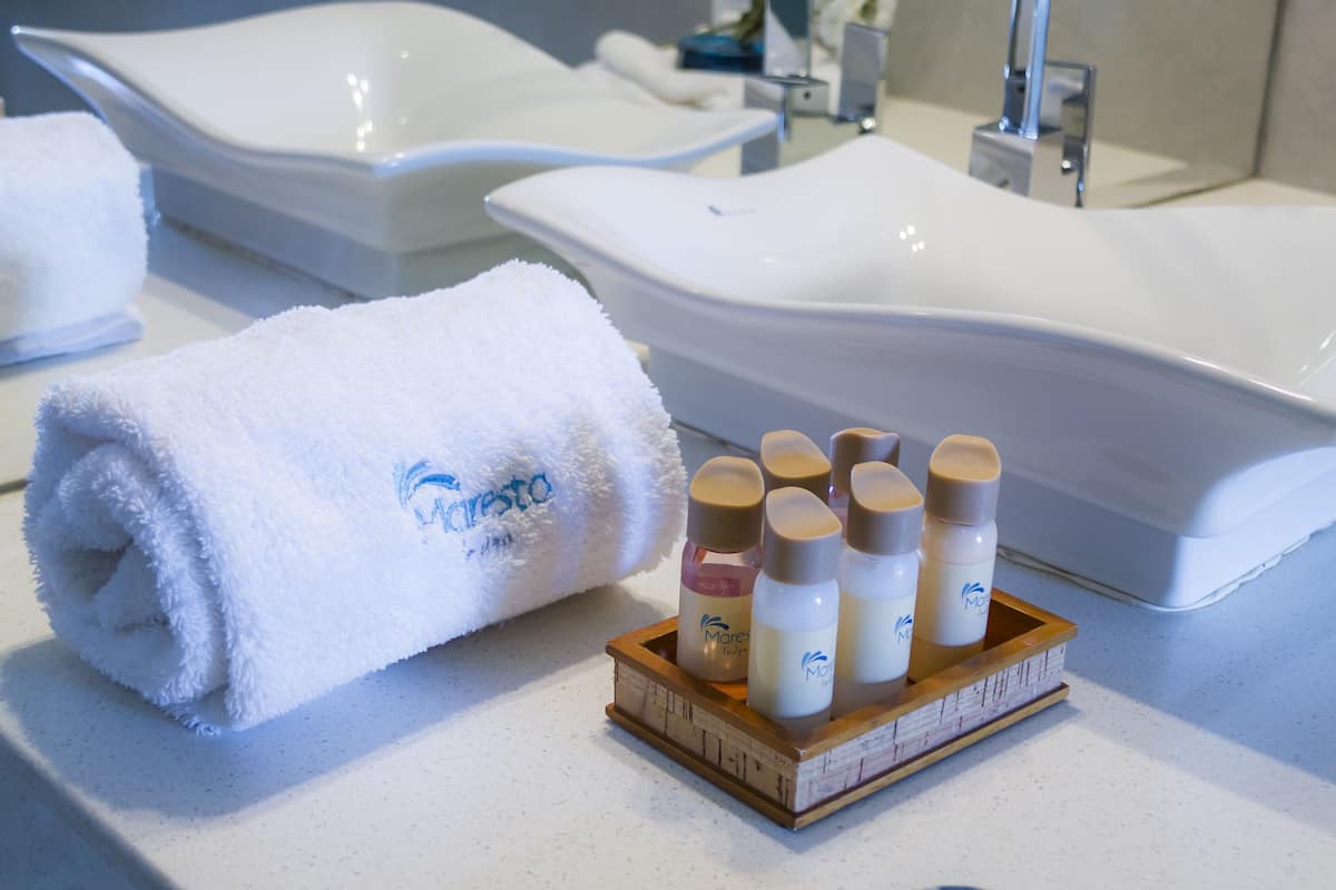 free toiletries, hair dryer, towels