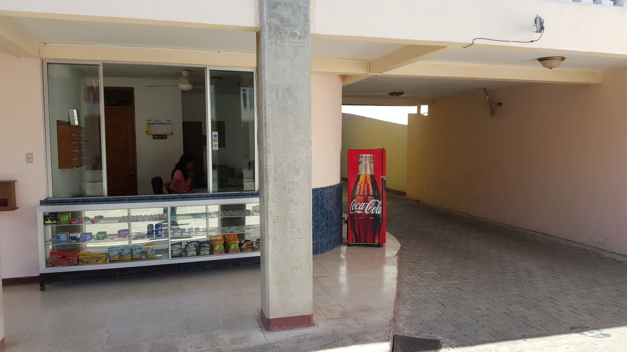 A store with a Coca-Cola refrigerator, a glass display case with various products, and a person inside.