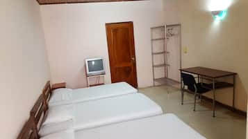 A small room with two beds, a wooden door, a TV on a small table, and a metal shelf unit.