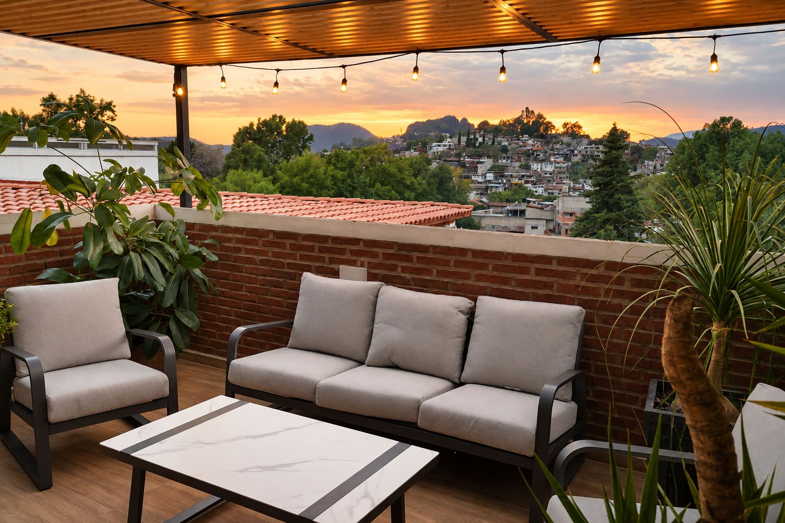 An outdoor seating area with a sofa and chairs, a table, and a view of a cityscape at sunset.