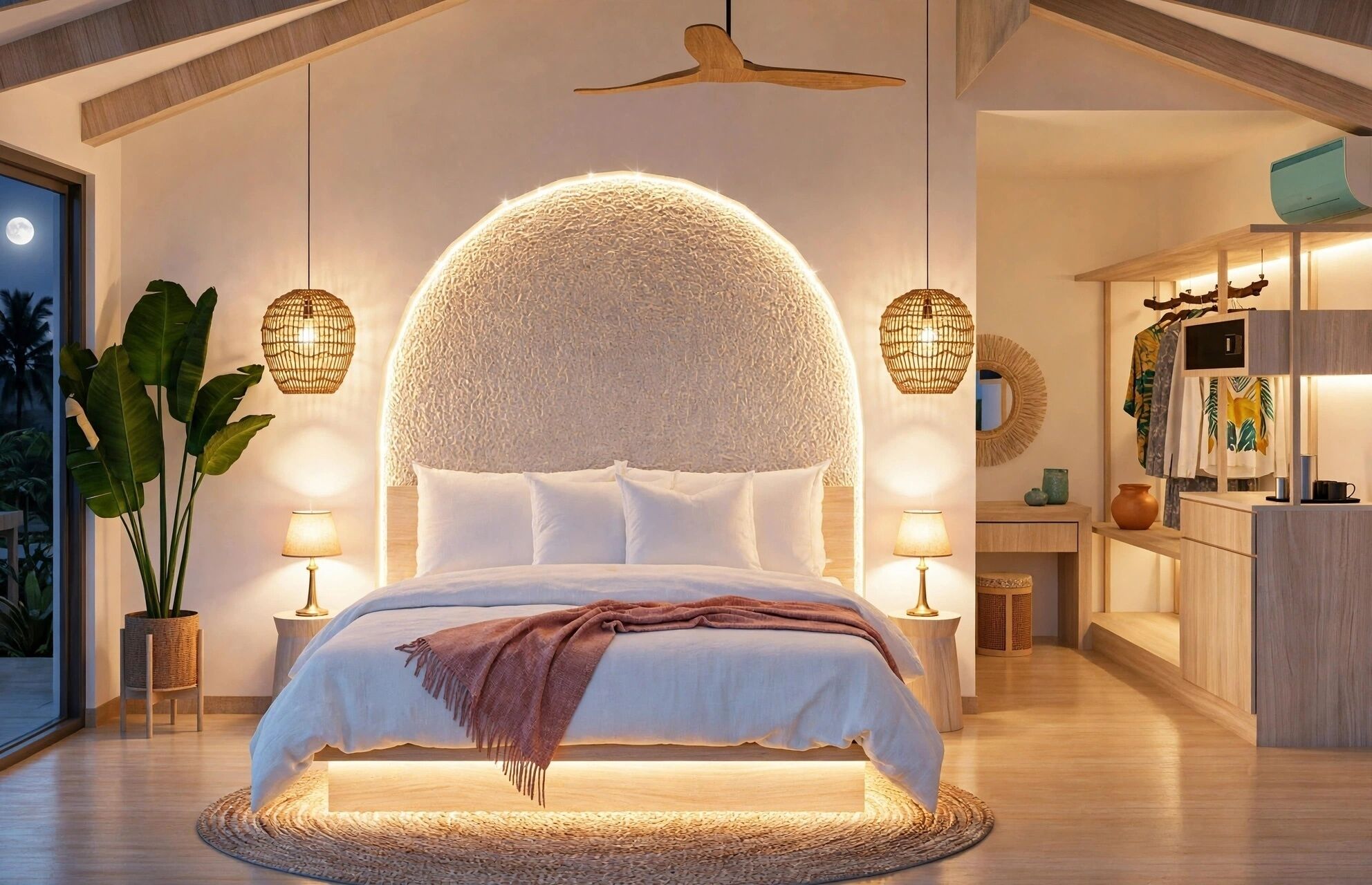 Un dormitorio moderno con una cama grande, una pared con textura original y un ventilador de techo.