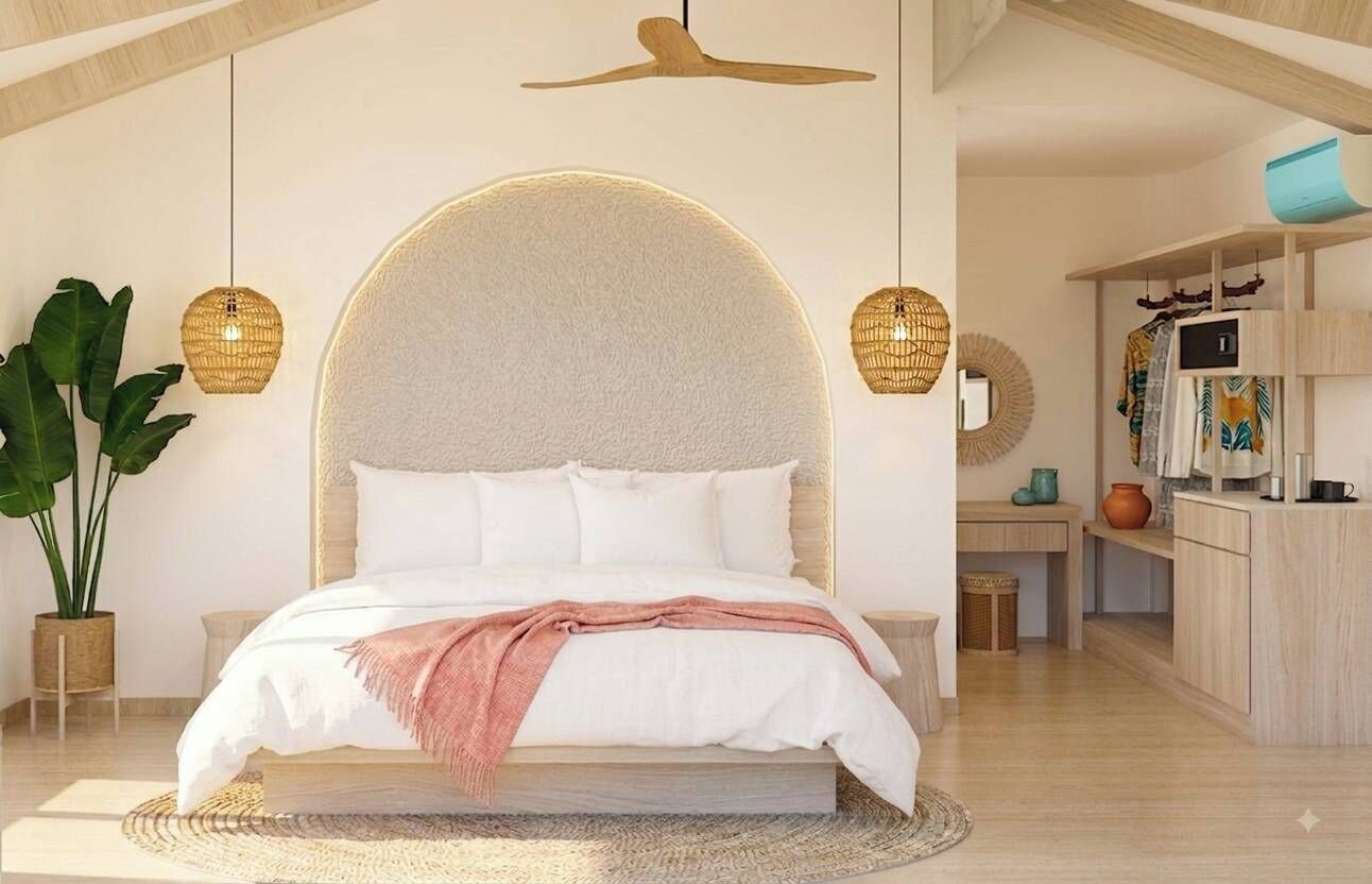 A modern bedroom with a large bed, bedside lamps, a wooden ceiling, and a small desk area.